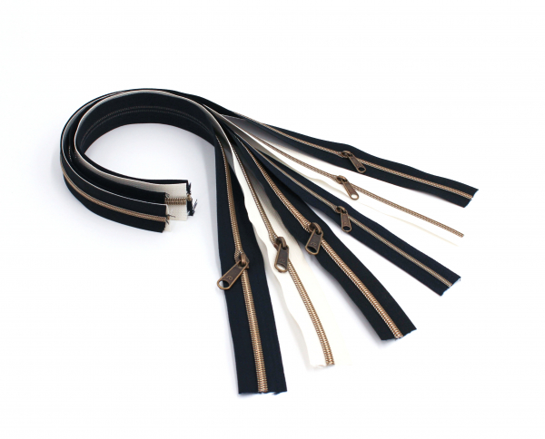 Endlosreißverschluss- Set metallisiert nachtblau, natur, schwarz/messing-antik (6 x 50 cm)